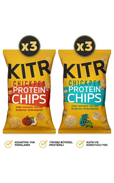 KITR 6'lı Domates ve Soğan Çeşnili &amp; Deniz Tuzlu Ve Fesleğenli Yüksek Proteinli Nohut Cipsi 6x50g